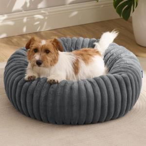 imageBedsure Donut Medium Dog Bed  Washable Faux Fur with Corduroy Fleece ampamp Anti Slip Bottom Round Pet Bed with Removable Cover Cream 30x30x8 inchesWarm Grey
