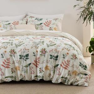 imageBedsure Duvet Cover Queen Size  100 Cotton Reversible Floral Queen Duvet Cover Set with Zipper Closure 3 Pieces Soft ampamp Breathable Green Bedding Set with 2 Pillow Shams 20quotx26quot09  Beige No Comforter