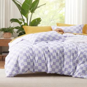 imageBedsure Duvet Cover Queen Size  Reversible Green Queen Duvet Cover Set with Zipper Closure 3 Pieces Floral Patterned Bedding Set with 8 Corner Ties and 2 Pillow Shams07  Purple Checkered No Comforter