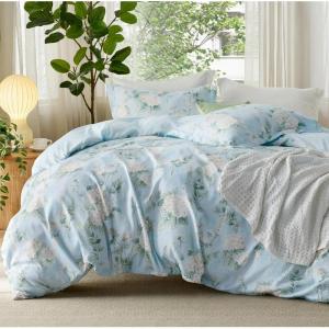imageBedsure Duvet Cover Queen Size  Reversible Green Queen Duvet Cover Set with Zipper Closure 3 Pieces Floral Patterned Bedding Set with 8 Corner Ties and 2 Pillow Shams03  Aqua Blue No Comforter