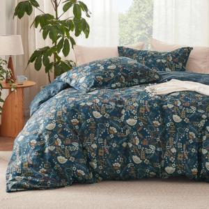 imageBedsure Duvet Cover Queen Size  Reversible Green Queen Duvet Cover Set with Zipper Closure 3 Pieces Floral Patterned Bedding Set with 8 Corner Ties and 2 Pillow Shams06  Navy Blue Floral No Comforter