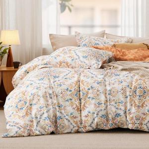 imageBedsure Duvet Cover Queen Size  Reversible Green Queen Duvet Cover Set with Zipper Closure 3 Pieces Floral Patterned Bedding Set with 8 Corner Ties and 2 Pillow Shams06  Apricot Buff No Comforter