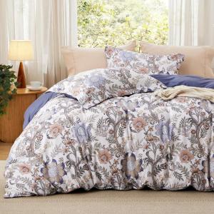 imageBedsure Duvet Cover Queen Size  Reversible Green Queen Duvet Cover Set with Zipper Closure 3 Pieces Floral Patterned Bedding Set with 8 Corner Ties and 2 Pillow Shams02  Blue Blossm No Comforter
