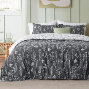 imageBedsure Duvet Cover Queen Size  Reversible Green Queen Duvet Cover Set with Zipper Closure 3 Pieces Floral Patterned Bedding Set with 8 Corner Ties and 2 Pillow Shams05  Dark Grey No Comforter