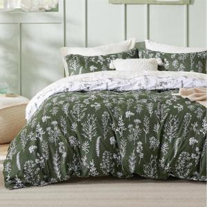 imageBedsure Duvet Cover Queen Size  Reversible Green Queen Duvet Cover Set with Zipper Closure 3 Pieces Floral Patterned Bedding Set with 8 Corner Ties and 2 Pillow Shams05  Bronze Green No Comforter