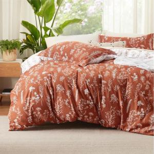 imageBedsure Duvet Cover Queen Size  Reversible Green Queen Duvet Cover Set with Zipper Closure 3 Pieces Floral Patterned Bedding Set with 8 Corner Ties and 2 Pillow Shams03  Terracotta No Comforter