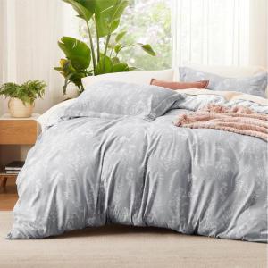 imageBedsure Duvet Cover Queen Size  Reversible Green Queen Duvet Cover Set with Zipper Closure 3 Pieces Floral Patterned Bedding Set with 8 Corner Ties and 2 Pillow Shams04  Grey No Comforter