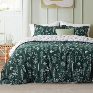 imageBedsure Duvet Cover Queen Size  Reversible Green Queen Duvet Cover Set with Zipper Closure 3 Pieces Floral Patterned Bedding Set with 8 Corner Ties and 2 Pillow Shams07  Emerald Green No Comforter