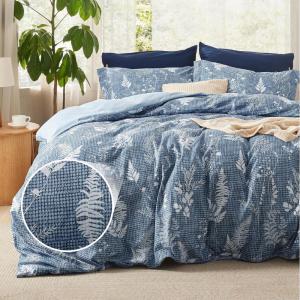 imageBedsure Duvet Cover Queen Size  Reversible Green Queen Duvet Cover Set with Zipper Closure 3 Pieces Floral Patterned Bedding Set with 8 Corner Ties and 2 Pillow Shams06  Blue Waffle No Comforter