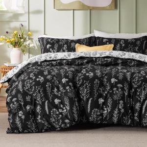 imageBedsure Duvet Cover Queen Size  Reversible Green Queen Duvet Cover Set with Zipper Closure 3 Pieces Floral Patterned Bedding Set with 8 Corner Ties and 2 Pillow Shams05  Black No Comforter