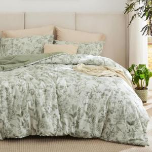 imageBedsure Floral Comforter Set Queen Size  100 Cotton Fabric with Microfiber Inner Fill Sage Green Bedding Comforter Set 3 Pieces 1 Soft Reversible Botanical Flower Comforter and 2 Pillow Shams01  Sage Green