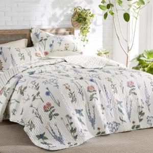 imageBedsure Floral White Quilt Set  Queen Size Reversible Quilt Bedding Set 3 Pieces Lightweight Bedspread Soft Botanical Bed Coverlet with 2 Pillow Shams for All Seasons 90quotx96quot08  Coconut White