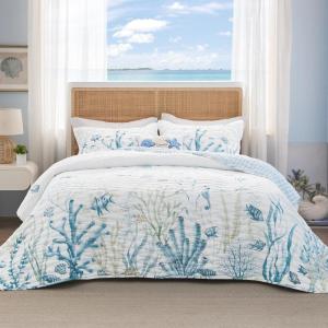 imageBedsure Floral White Quilt Set  Queen Size Reversible Quilt Bedding Set 3 Pieces Lightweight Bedspread Soft Botanical Bed Coverlet with 2 Pillow Shams for All Seasons 90quotx96quot03  Ocean Shells