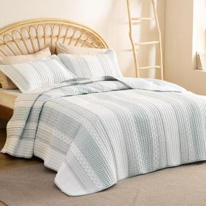imageBedsure Floral White Quilt Set  Queen Size Reversible Quilt Bedding Set 3 Pieces Lightweight Bedspread Soft Botanical Bed Coverlet with 2 Pillow Shams for All Seasons 90quotx96quot15  Grey Blue