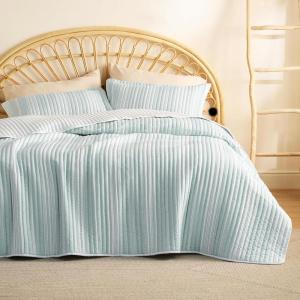 imageBedsure Floral White Quilt Set  Queen Size Reversible Quilt Bedding Set 3 Pieces Lightweight Bedspread Soft Botanical Bed Coverlet with 2 Pillow Shams for All Seasons 90quotx96quot14  Aqua