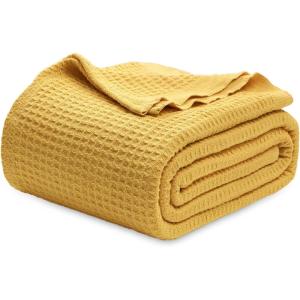 imageBedsure Gentlesoft 100 Cotton Blanket Queen Size for Bed  Breathable and Soft Waffle Weave Blanket for Summer Thick Cozy Fall Blankets for Women Gift White 90x90 Inches07  Mustard Yellow