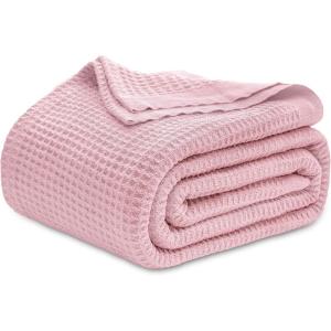 imageBedsure Gentlesoft 100 Cotton Blanket Queen Size for Bed  Breathable and Soft Waffle Weave Blanket for Summer Thick Cozy Fall Blankets for Women Gift White 90x90 Inches08  Pink