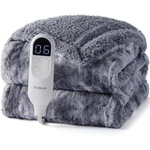 imageBedsure Heated Blanket Throw Blanket  Fast Heating Electric Blanket GentleSoft Flannel Heated Throw with 4 Time Settings 6 Heating Settings Warm Gifts for Grandma 50x60 inches Grey24  Grey