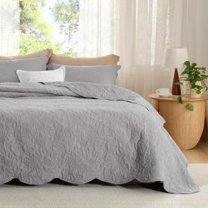 imageBedsure King Quilt Set  Ultra Soft Quilt Bedding Set for Green Bedroom Decor Lightweight AllSeason King Size Comforter with 2 Pillow Shams Dark Green Summer Bedspread Coverlet 106x96 Inch25  Grey  Leaf