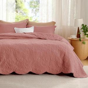 imageBedsure King Quilt Set  Ultra Soft Quilt Bedding Set for Green Bedroom Decor Lightweight AllSeason King Size Comforter with 2 Pillow Shams Dark Green Summer Bedspread Coverlet 106x96 Inch23  Grayish Pink  Leaf