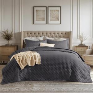 imageBedsure King Quilt Set  Ultra Soft Quilt Bedding Set for Green Bedroom Decor Lightweight AllSeason King Size Comforter with 2 Pillow Shams Dark Green Summer Bedspread Coverlet 106x96 Inch10  Charcoal  Clover