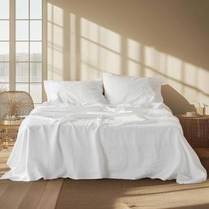 imageBedsure Linen Sheets  Queen Size Bed Blend from Linen Cotton Bedsheets Breathable Cotton Bedsheets Gifts for All Seasons 4 Pieces Linen02  Pure White
