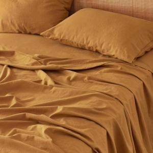 imageBedsure Linen Sheets  Queen Size Bed Blend from Linen Cotton Bedsheets Breathable Cotton Bedsheets Gifts for All Seasons 4 Pieces Linen04  Pumpkin Yellow