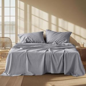 imageBedsure Linen Sheets  Queen Size Bed Blend from Linen Cotton Bedsheets Breathable Cotton Bedsheets Gifts for All Seasons 4 Pieces Linen05  Light Grey