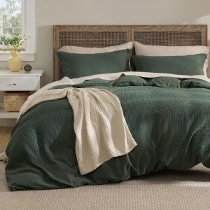 imageBedsure Luxury Waffle Duvet Cover Queen Size  Textured Duvet Cover Set Soft Breathable Bedding Set 90quotx90quot with 2 Pillow Shams for All Season Linen Comforter Not Included02  Forest Green No Comforter
