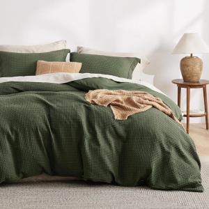 imageBedsure Luxury Waffle Duvet Cover Queen Size  Textured Duvet Cover Set Soft Breathable Bedding Set 90quotx90quot with 2 Pillow Shams for All Season Linen Comforter Not Included07  Olive Green No Comforter