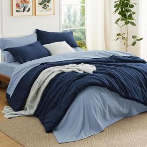 imageBedsure Queen Comforter Set  7 Pieces Sage Green Queen Bedding Set for All Seasons Boho Contrasting Design Bed in a Bag with Comforter Sheets Pillowcases ampamp Shams05  Navy BlueAshley Blue