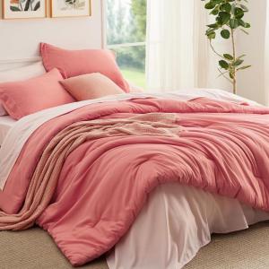 imageBedsure Queen Comforter Set  7 Pieces Sage Green Queen Bedding Set for All Seasons Boho Contrasting Design Bed in a Bag with Comforter Sheets Pillowcases ampamp Shams13  CoralPink