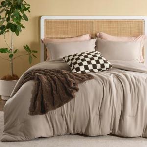 imageBedsure Queen Comforter Set 5 Pieces  Bed in a Bag with Checkered Throw Blanket and Decorative Pillow Lightweight Bedding Comforter Sets All Season Boho Bedding Linen Beige06  Light Camel Plaid