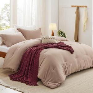 imageBedsure Queen Comforter Set 5 Pieces  Bed in a Bag with Checkered Throw Blanket and Decorative Pillow Lightweight Bedding Comforter Sets All Season Boho Bedding Linen Beige02  Warm Taupe Chenille