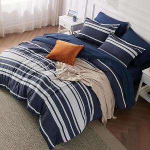 imageBedsure Queen Comforter Set 7 Pieces Grey Striped Bedding Set for All Seasons Reversible Cationic Dyeing Bed in a Bag with Comforter Sheets Pillowcases ampamp Shams05  Navy