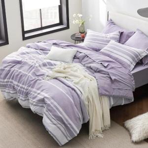 imageBedsure Queen Comforter Set 7 Pieces Grey Striped Bedding Set for All Seasons Reversible Cationic Dyeing Bed in a Bag with Comforter Sheets Pillowcases ampamp Shams09  Purple