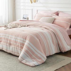 imageBedsure Queen Comforter Set 7 Pieces Grey Striped Bedding Set for All Seasons Reversible Cationic Dyeing Bed in a Bag with Comforter Sheets Pillowcases ampamp Shams15  Light Pink