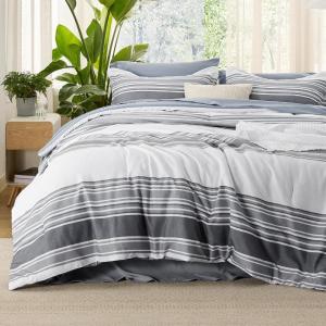 imageBedsure Queen Comforter Set 7 Pieces Grey Striped Bedding Set for All Seasons Reversible Cationic Dyeing Bed in a Bag with Comforter Sheets Pillowcases ampamp Shams21  Dark Grey