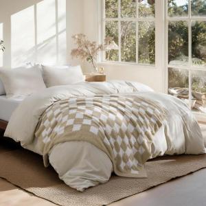 imageBedsure Queen Comforter Set with Checkered Throw Blanket for Couch  4 Pieces 1 Beige Comforter Queen Size 2 Pillow Shams 1 Checkered Blanket Super Soft Lightweight ampamp Fluffy for Bed ampamp Sofa01  Beige