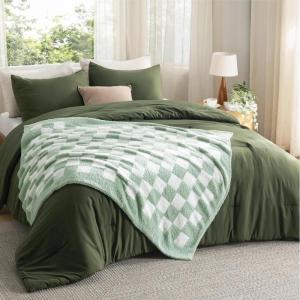 imageBedsure Queen Comforter Set with Checkered Throw Blanket for Couch  4 Pieces 1 Beige Comforter Queen Size 2 Pillow Shams 1 Checkered Blanket Super Soft Lightweight ampamp Fluffy for Bed ampamp Sofa02  Grayish Olive Green