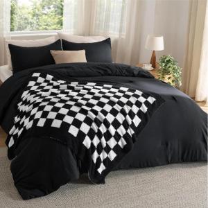 imageBedsure Queen Comforter Set with Checkered Throw Blanket for Couch  4 Pieces 1 Beige Comforter Queen Size 2 Pillow Shams 1 Checkered Blanket Super Soft Lightweight ampamp Fluffy for Bed ampamp Sofa04  Black