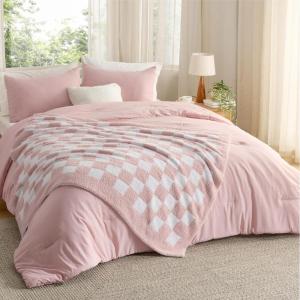 imageBedsure Queen Comforter Set with Checkered Throw Blanket for Couch  4 Pieces 1 Beige Comforter Queen Size 2 Pillow Shams 1 Checkered Blanket Super Soft Lightweight ampamp Fluffy for Bed ampamp Sofa03  Pink