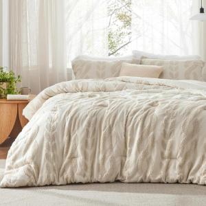 imageBedsure Queen Size Comforter Set Beige Boho Tufted Bed Set Checkered Farmhouse Shabby Chic Bedding 3 Pieces 1 Plaid Geometric Comforter and 2 Pillow Shams21  Beige  Cable Stripe