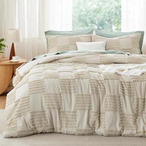 imageBedsure Queen Size Comforter Set Beige Boho Tufted Bed Set Checkered Farmhouse Shabby Chic Bedding 3 Pieces 1 Plaid Geometric Comforter and 2 Pillow Shams02  Linen  Large Checkboard