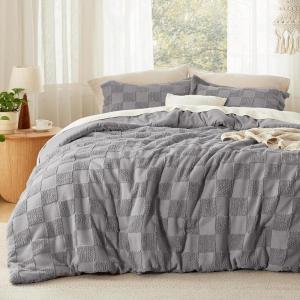 imageBedsure Queen Size Comforter Set Beige Boho Tufted Bed Set Checkered Farmhouse Shabby Chic Bedding 3 Pieces 1 Plaid Geometric Comforter and 2 Pillow Shams13  Grey  Tufted Checkboard