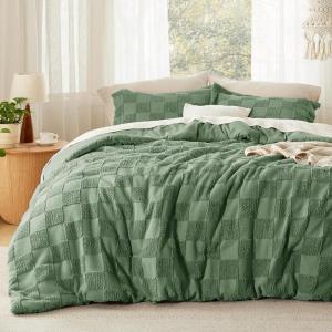 imageBedsure Queen Size Comforter Set Beige Boho Tufted Bed Set Checkered Farmhouse Shabby Chic Bedding 3 Pieces 1 Plaid Geometric Comforter and 2 Pillow Shams06  Green  Tufted Checkboard