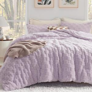imageBedsure Queen Size Comforter Set Beige Boho Tufted Bed Set Checkered Farmhouse Shabby Chic Bedding 3 Pieces 1 Plaid Geometric Comforter and 2 Pillow Shams16  Light Purple  Fuzzy Checkerboard