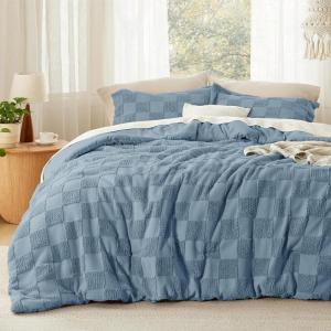 imageBedsure Queen Size Comforter Set Beige Boho Tufted Bed Set Checkered Farmhouse Shabby Chic Bedding 3 Pieces 1 Plaid Geometric Comforter and 2 Pillow Shams12  Mineral Blue  Tufted Checkboard
