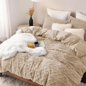 imageBedsure Queen Size Comforter Set Beige Boho Tufted Bed Set Checkered Farmhouse Shabby Chic Bedding 3 Pieces 1 Plaid Geometric Comforter and 2 Pillow Shams19  Warm Sand  Fuzzy Cable Stripe