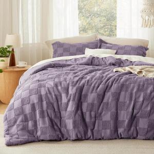 imageBedsure Queen Size Comforter Set Beige Boho Tufted Bed Set Checkered Farmhouse Shabby Chic Bedding 3 Pieces 1 Plaid Geometric Comforter and 2 Pillow Shams09  Grayish Purple  Tufted Checkboard